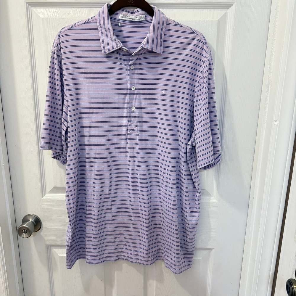 Criquet Mens XL Golf Polo Short Sleeve Shirt Purple Blue Striped Pima Cotton